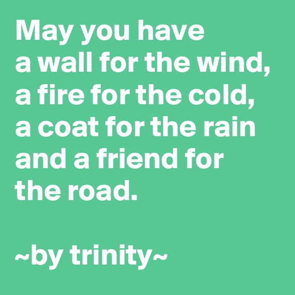 May you have
a wall for the wind,
a fire for the cold, a coat for the rain and a friend for the road.

~by trinity~
