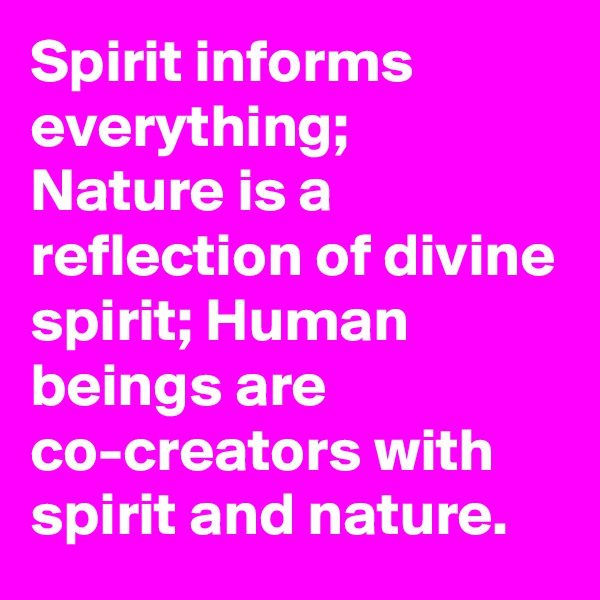 Spirit informs everything;
Nature is a reflection of divine spirit; Human beings are co-creators with spirit and nature.