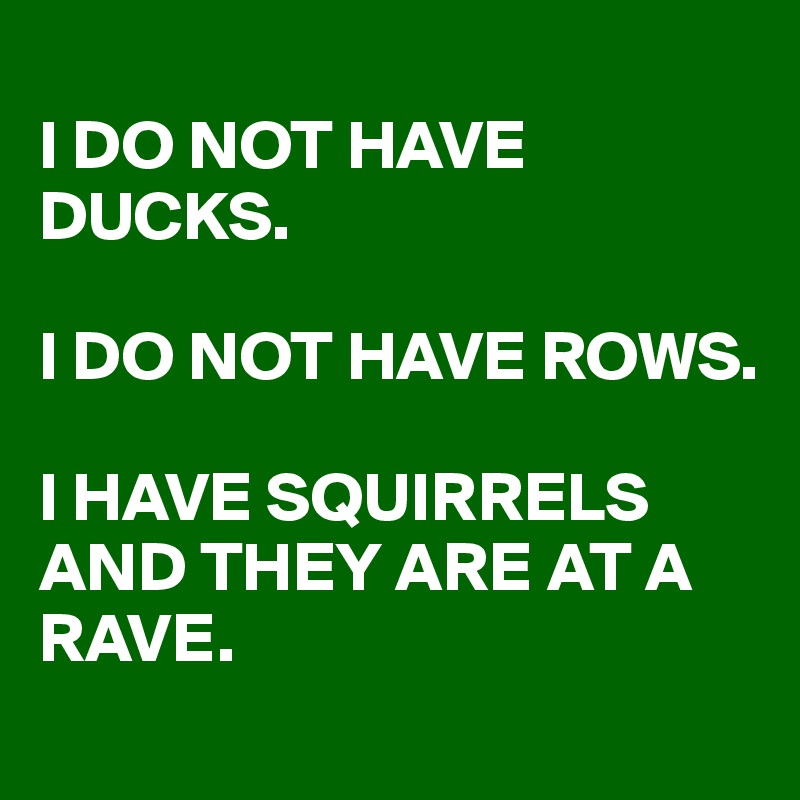 
I DO NOT HAVE DUCKS.

I DO NOT HAVE ROWS.

I HAVE SQUIRRELS AND THEY ARE AT A RAVE.
