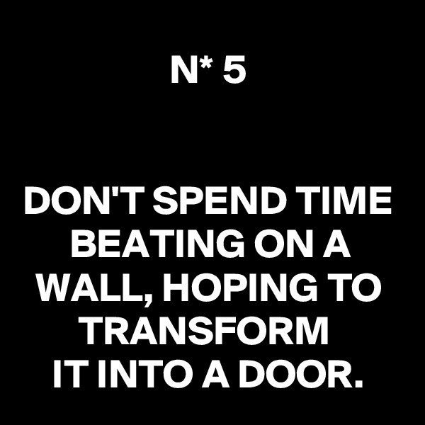 N* 5


DON'T SPEND TIME
BEATING ON A WALL, HOPING TO TRANSFORM 
IT INTO A DOOR.