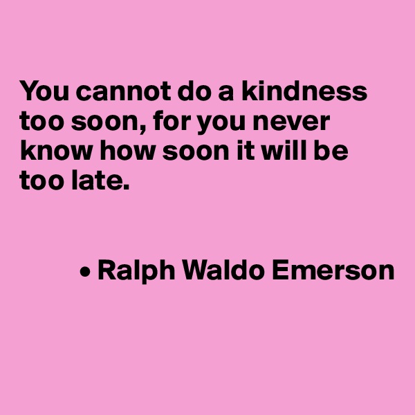 

You cannot do a kindness too soon, for you never know how soon it will be too late.


          • Ralph Waldo Emerson


