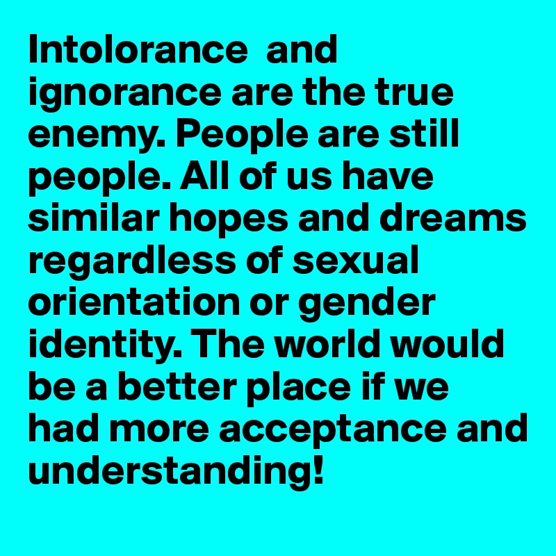 Intolorance  and ignorance are the true enemy. People are still people. All of us have similar hopes and dreams regardless of sexual orientation or gender identity. The world would be a better place if we had more acceptance and understanding!