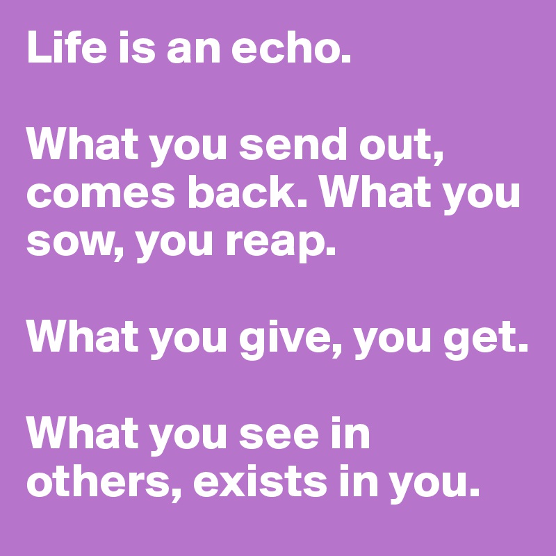 Life is an echo. 

What you send out, comes back. What you sow, you reap. 

What you give, you get. 

What you see in others, exists in you.