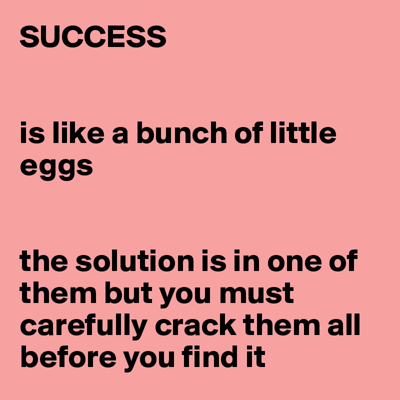 SUCCESS


is like a bunch of little eggs


the solution is in one of them but you must carefully crack them all before you find it