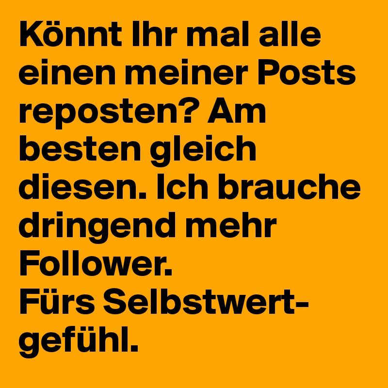 Könnt Ihr mal alle einen meiner Posts reposten? Am besten gleich diesen. Ich brauche dringend mehr Follower.
Fürs Selbstwert- gefühl.
