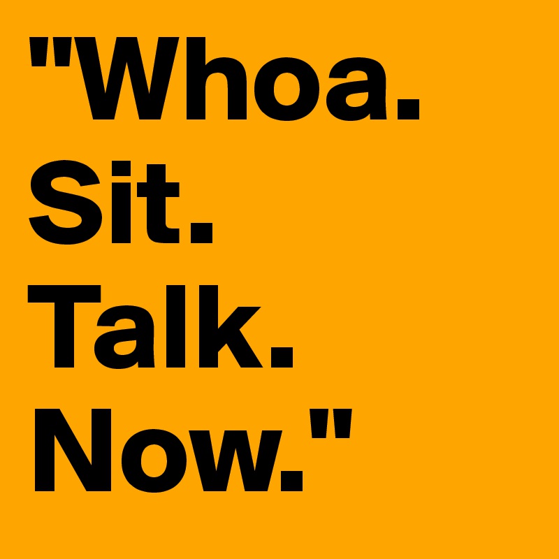 "Whoa. Sit. 
Talk. Now."