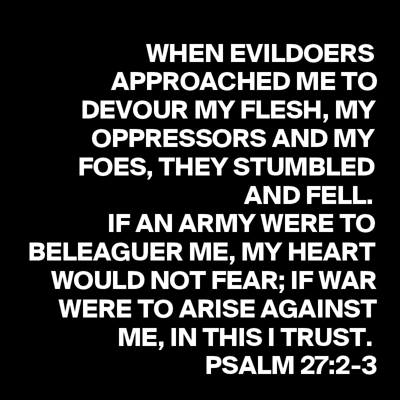 WHEN EVILDOERS APPROACHED ME TO DEVOUR MY FLESH, MY OPPRESSORS AND MY FOES, THEY STUMBLED AND FELL.
IF AN ARMY WERE TO BELEAGUER ME, MY HEART WOULD NOT FEAR; IF WAR WERE TO ARISE AGAINST ME, IN THIS I TRUST. 
PSALM 27:2-3