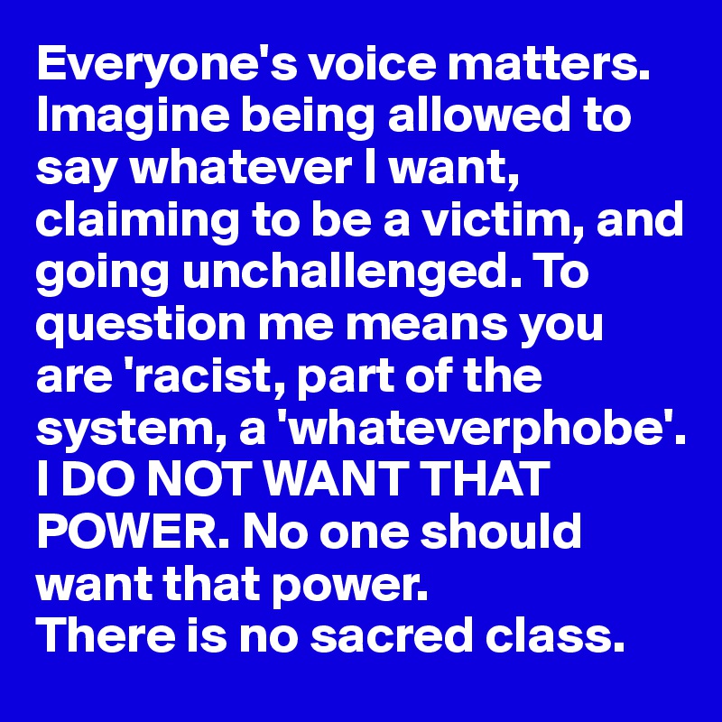 Everyone's voice matters. Imagine being allowed to say whatever I want, claiming to be a victim, and going unchallenged. To question me means you are 'racist, part of the system, a 'whateverphobe'. 
I DO NOT WANT THAT POWER. No one should want that power. 
There is no sacred class. 