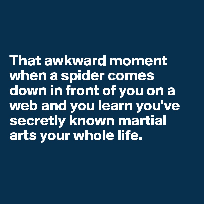 


That awkward moment when a spider comes down in front of you on a web and you learn you've secretly known martial arts your whole life. 


