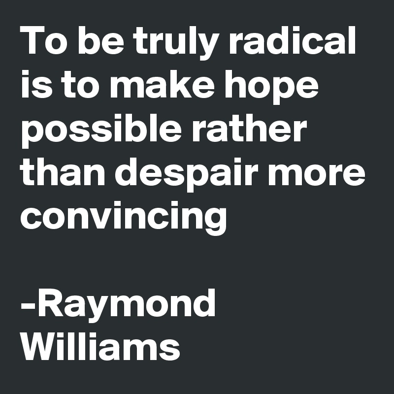 To be truly radical is to make hope possible rather than despair more convincing

-Raymond Williams