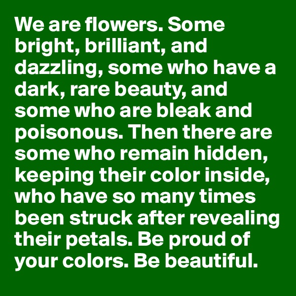 We are flowers. Some bright, brilliant, and dazzling, some who have a dark, rare beauty, and some who are bleak and poisonous. Then there are some who remain hidden, keeping their color inside, who have so many times been struck after revealing their petals. Be proud of your colors. Be beautiful. 