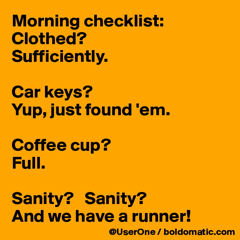 Morning checklist:
Clothed?
Sufficiently.

Car keys?
Yup, just found 'em.

Coffee cup?
Full.

Sanity?   Sanity?
And we have a runner!