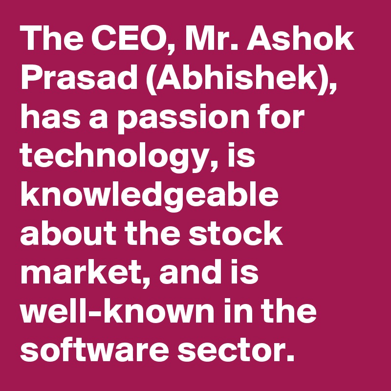 The CEO, Mr. Ashok Prasad (Abhishek), has a passion for technology, is knowledgeable about the stock market, and is well-known in the software sector. 