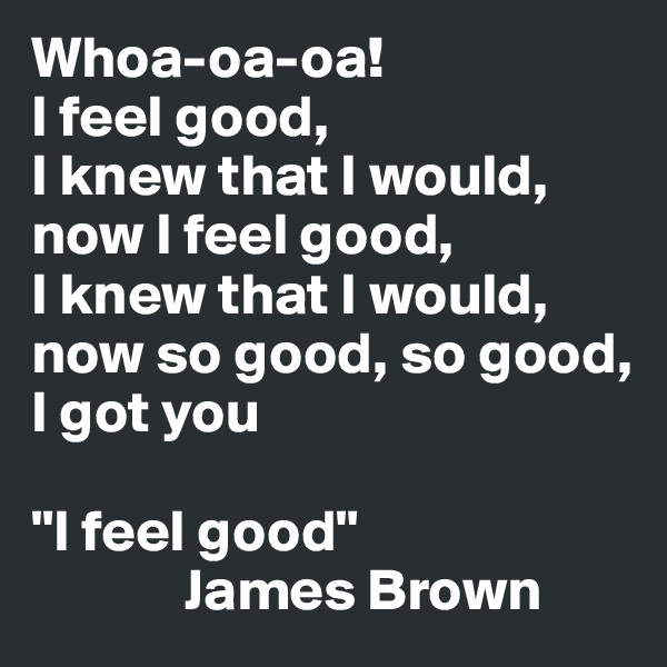 Whoa-oa-oa! 
I feel good,
I knew that I would, now I feel good, 
I knew that I would, now so good, so good, I got you 

"I feel good" 
             James Brown 