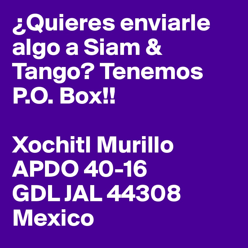 ¿Quieres enviarle algo a Siam & Tango? Tenemos P.O. Box!!

Xochitl Murillo
APDO 40-16
GDL JAL 44308
Mexico