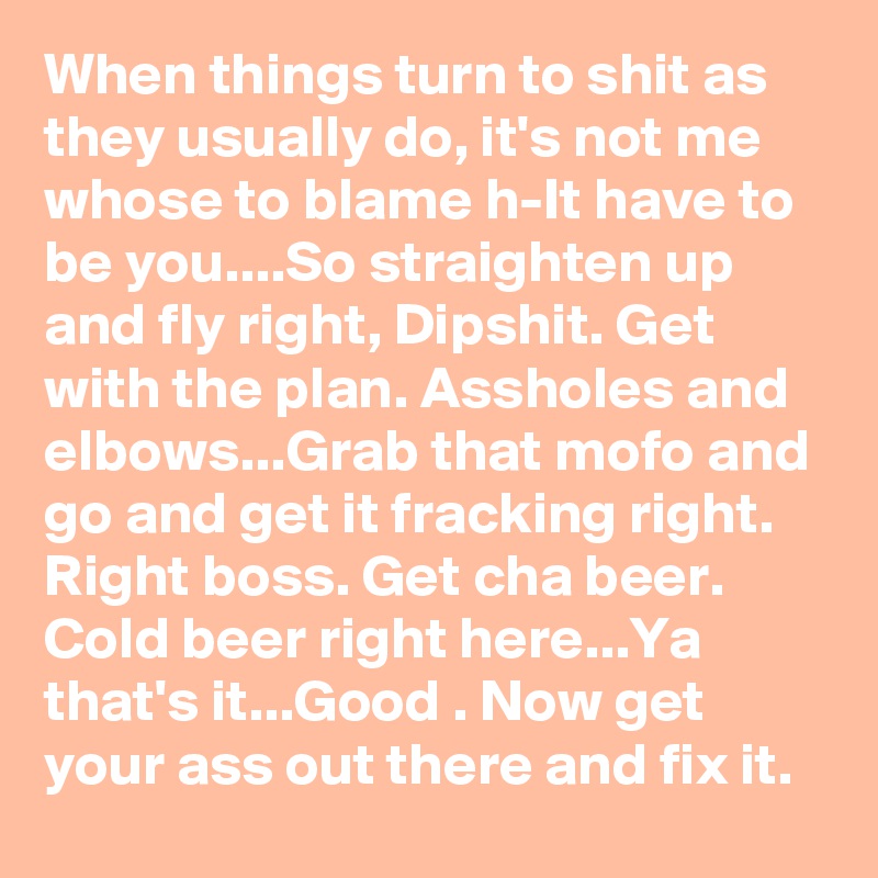When things turn to shit as they usually do, it's not me whose to blame h-It have to be you....So straighten up and fly right, Dipshit. Get with the plan. Assholes and elbows...Grab that mofo and go and get it fracking right. Right boss. Get cha beer. Cold beer right here...Ya that's it...Good . Now get your ass out there and fix it.