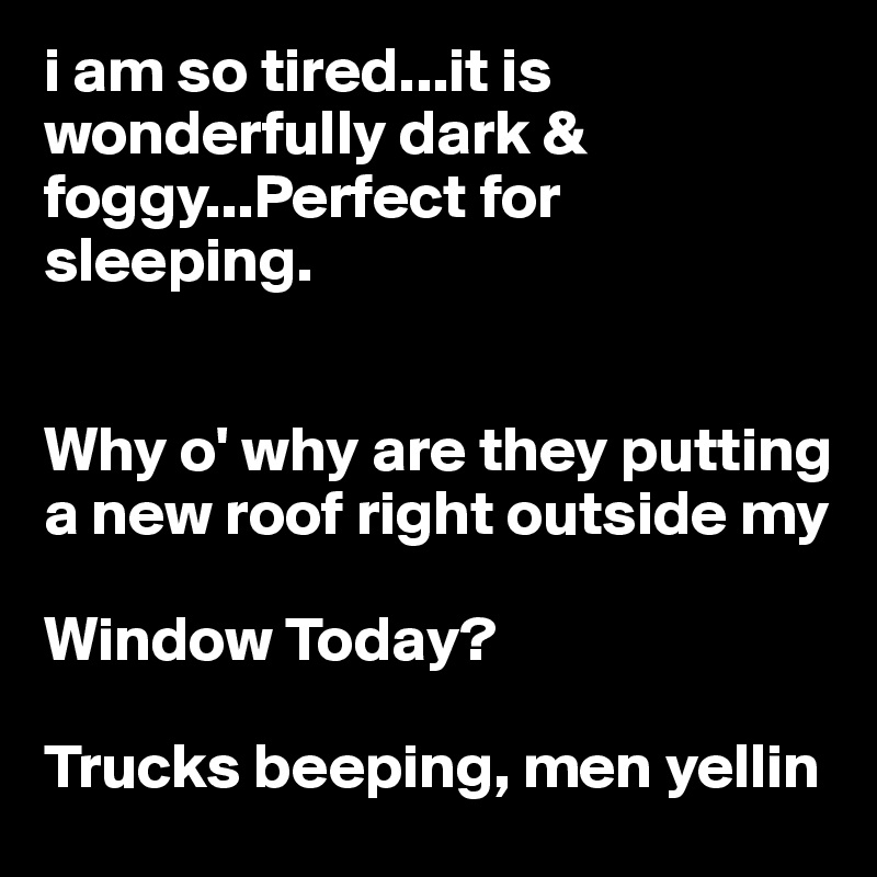 i am so tired...it is wonderfully dark & foggy...Perfect for sleeping.


Why o' why are they putting a new roof right outside my 

Window Today?

Trucks beeping, men yellin