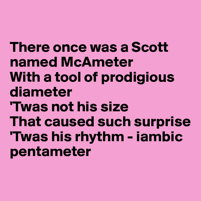 

There once was a Scott named McAmeter
With a tool of prodigious diameter
'Twas not his size
That caused such surprise
'Twas his rhythm - iambic pentameter

