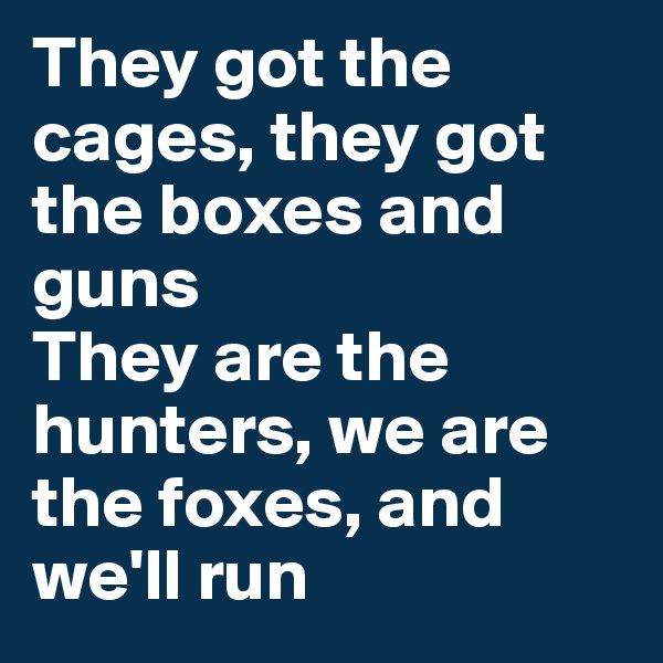 They got the cages, they got the boxes and guns
They are the hunters, we are the foxes, and we'll run