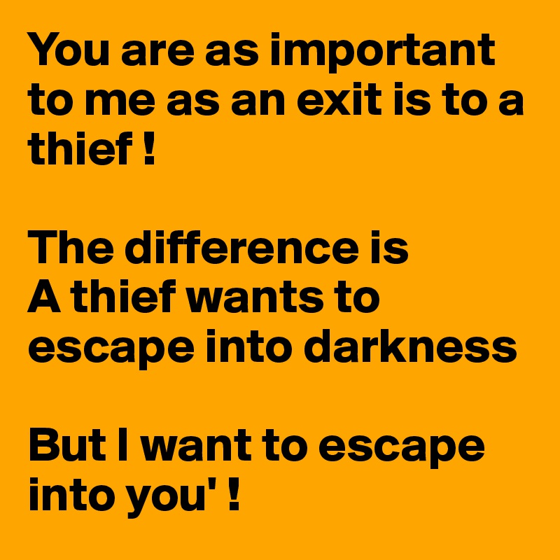 You are as important to me as an exit is to a thief ! 

The difference is 
A thief wants to escape into darkness 

But I want to escape into you' ! 