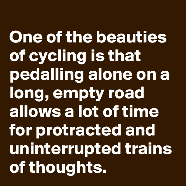 
One of the beauties of cycling is that pedalling alone on a long, empty road allows a lot of time for protracted and uninterrupted trains of thoughts.