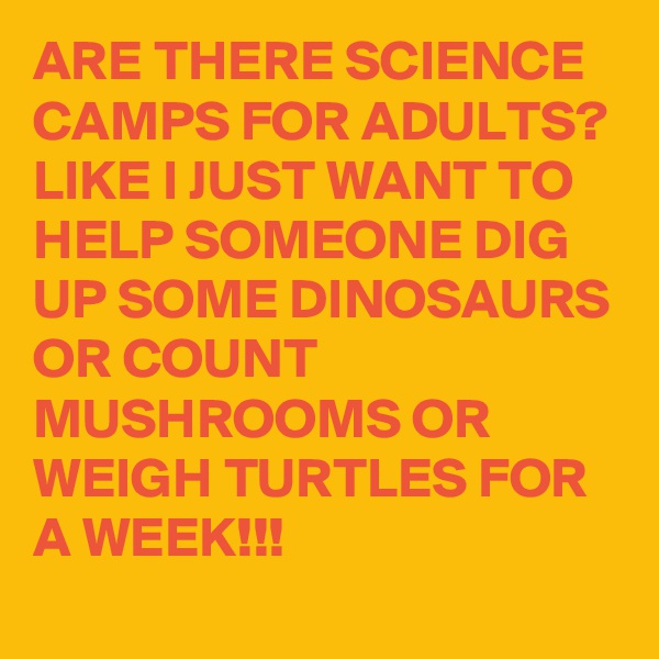 ARE THERE SCIENCE CAMPS FOR ADULTS? LIKE I JUST WANT TO HELP SOMEONE DIG UP SOME DINOSAURS OR COUNT MUSHROOMS OR WEIGH TURTLES FOR A WEEK!!!