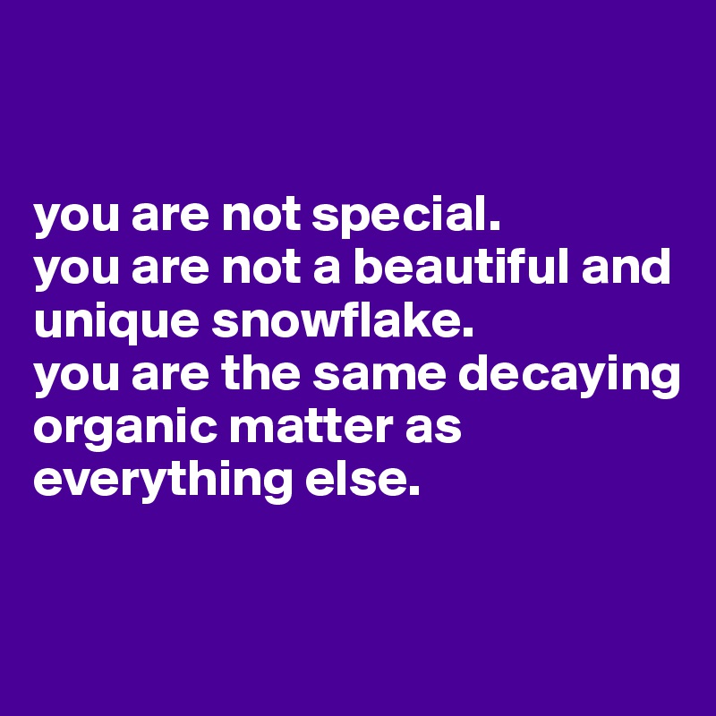


you are not special. 
you are not a beautiful and unique snowflake. 
you are the same decaying organic matter as everything else.


