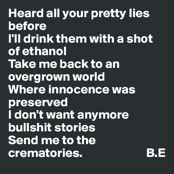 Heard all your pretty lies before
I'll drink them with a shot of ethanol
Take me back to an overgrown world
Where innocence was preserved
I don't want anymore bullshit stories
Send me to the crematories.                         B.E