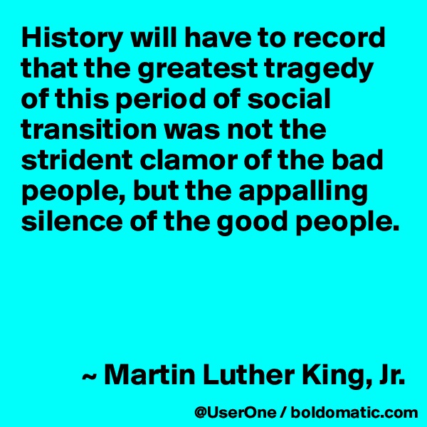 History will have to record that the greatest tragedy of this period of social transition was not the strident clamor of the bad people, but the appalling silence of the good people.




          ~ Martin Luther King, Jr.