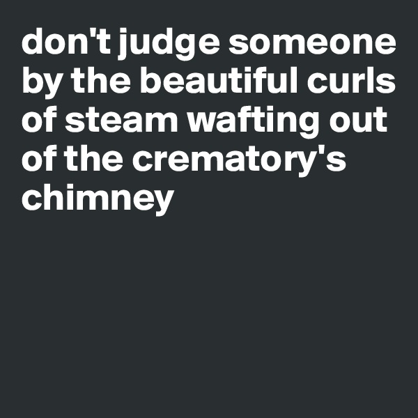 don't judge someone by the beautiful curls of steam wafting out of the crematory's chimney 



