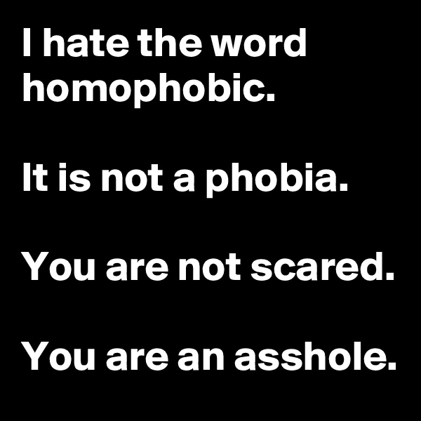 I hate the word homophobic.

It is not a phobia.

You are not scared.

You are an asshole.