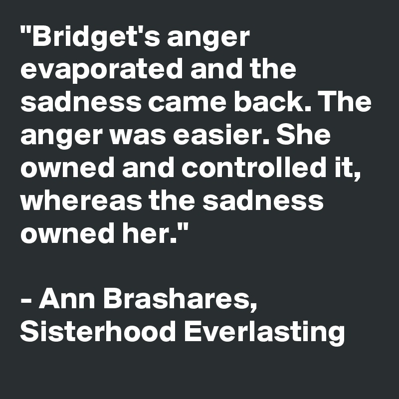 "Bridget's anger evaporated and the sadness came back. The anger was easier. She owned and controlled it, whereas the sadness owned her." 

- Ann Brashares, Sisterhood Everlasting