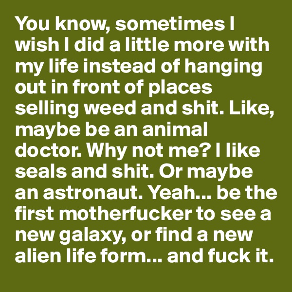 You know, sometimes I wish I did a little more with my life instead of hanging out in front of places selling weed and shit. Like, maybe be an animal doctor. Why not me? I like seals and shit. Or maybe an astronaut. Yeah... be the first motherfucker to see a new galaxy, or find a new alien life form... and fuck it. 