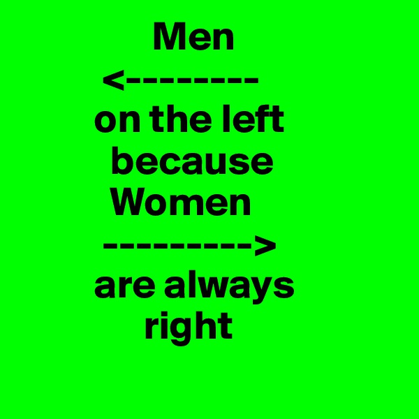                 Men
          <-------- 
         on the left
           because 
           Women 
          --------->
         are always    
               right
         