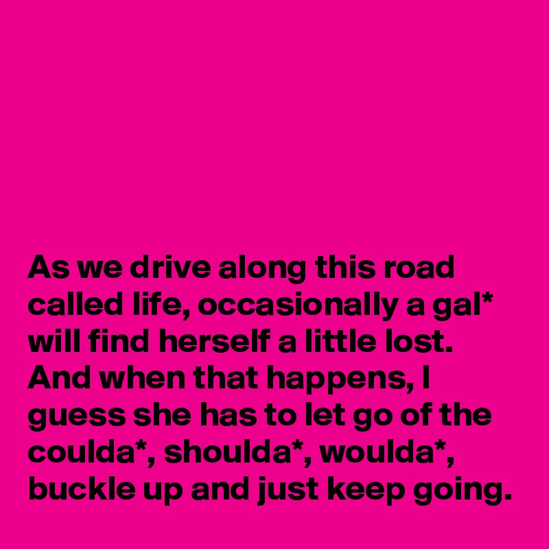 





As we drive along this road called life, occasionally a gal* will find herself a little lost. And when that happens, I guess she has to let go of the coulda*, shoulda*, woulda*, buckle up and just keep going.