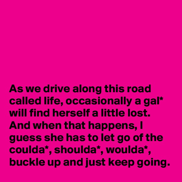 





As we drive along this road called life, occasionally a gal* will find herself a little lost. And when that happens, I guess she has to let go of the coulda*, shoulda*, woulda*, buckle up and just keep going.