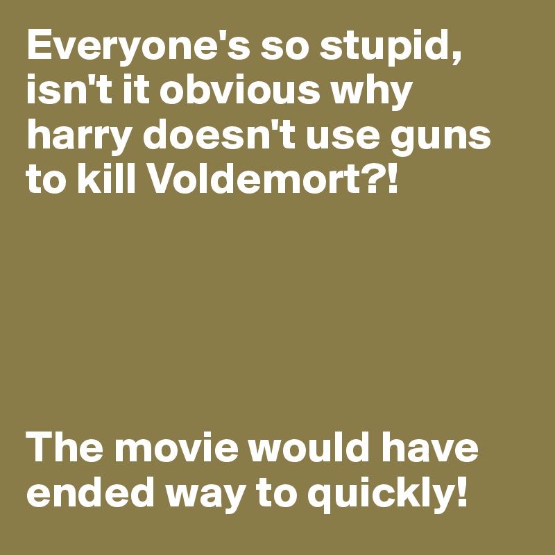 Everyone's so stupid, isn't it obvious why harry doesn't use guns to kill Voldemort?!





The movie would have ended way to quickly!