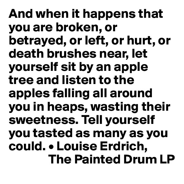 And when it happens that you are broken, or betrayed, or left, or hurt, or death brushes near, let yourself sit by an apple tree and listen to the apples falling all around you in heaps, wasting their sweetness. Tell yourself you tasted as many as you could. • Louise Erdrich,
               The Painted Drum LP