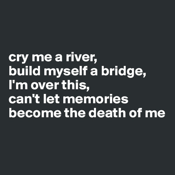


cry me a river,
build myself a bridge,
I'm over this,
can't let memories become the death of me


 