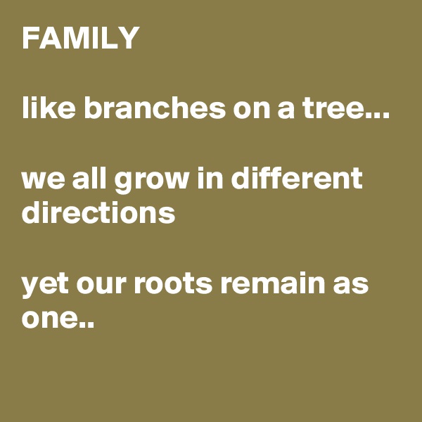 FAMILY

like branches on a tree...

we all grow in different directions

yet our roots remain as one..
