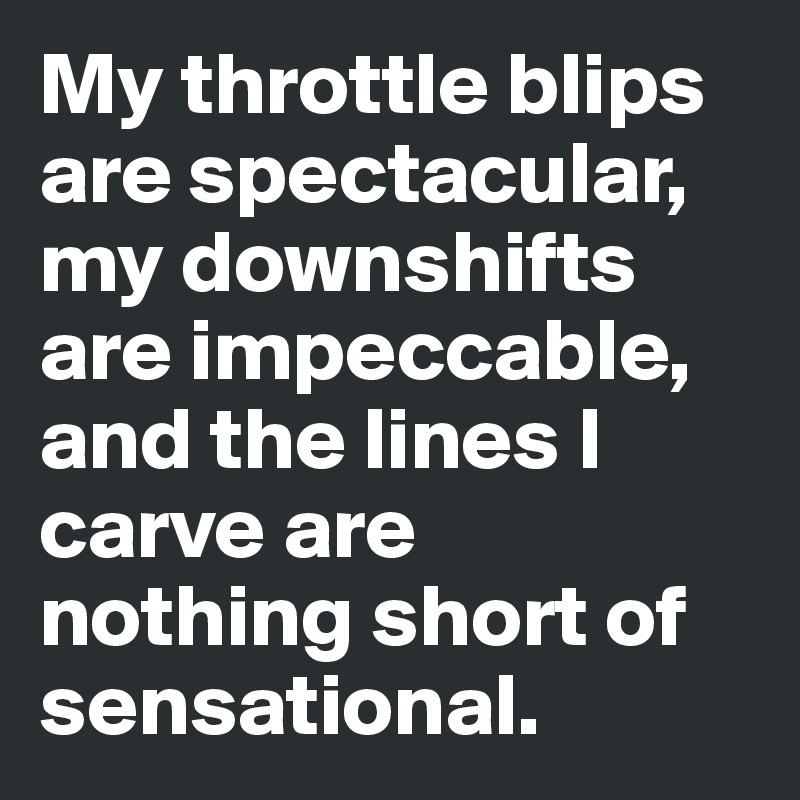 My throttle blips are spectacular, my downshifts are impeccable, and the lines I carve are 
nothing short of sensational.