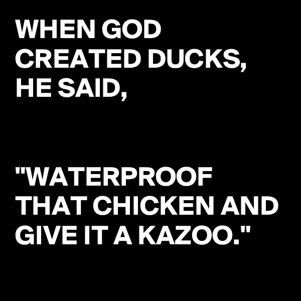 WHEN GOD CREATED DUCKS, HE SAID,


"WATERPROOF THAT CHICKEN AND GIVE IT A KAZOO."
