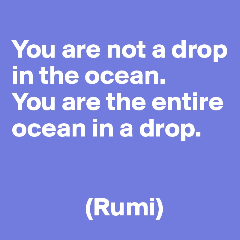 
You are not a drop in the ocean. 
You are the entire ocean in a drop.


              (Rumi)