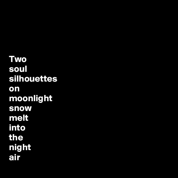 



Two
soul 
silhouettes 
on 
moonlight 
snow
melt 
into 
the
night
air 
