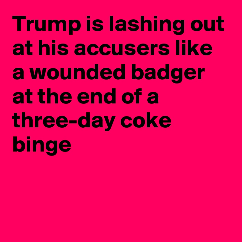 Trump is lashing out at his accusers like a wounded badger at the end of a three-day coke binge 


