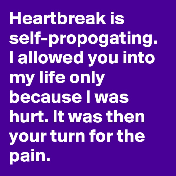 Heartbreak is self-propogating. I allowed you into my life only because I was hurt. It was then your turn for the pain.
