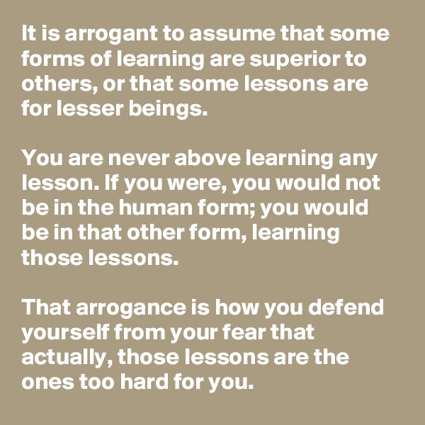 It is arrogant to assume that some forms of learning are superior to others, or that some lessons are for lesser beings.

You are never above learning any lesson. If you were, you would not be in the human form; you would be in that other form, learning those lessons.

That arrogance is how you defend yourself from your fear that actually, those lessons are the ones too hard for you.