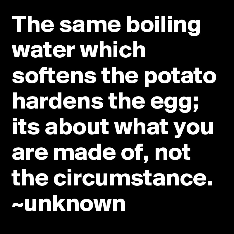 The same boiling water which softens the potato hardens the egg; its about what you are made of, not the circumstance.
~unknown