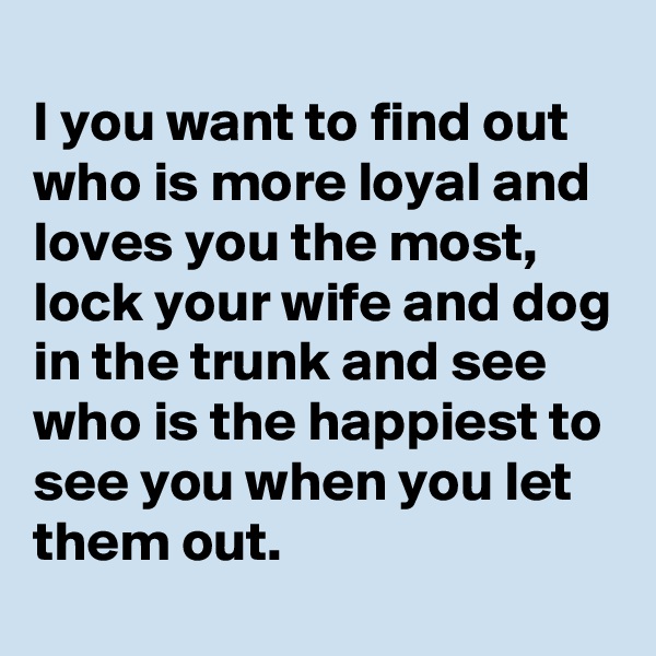 
I you want to find out who is more loyal and loves you the most, lock your wife and dog in the trunk and see who is the happiest to see you when you let them out.