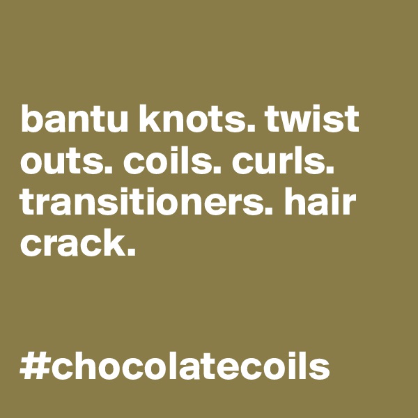 

bantu knots. twist outs. coils. curls. transitioners. hair crack.  


#chocolatecoils